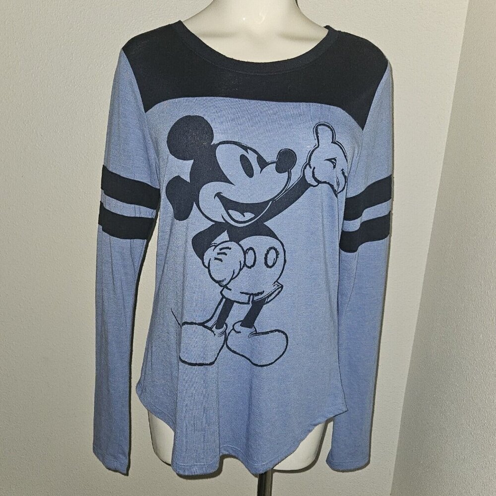 Mickey Mouse Blue Long Sleeve Tee Shirt Junior Size Large Varsity Stripes Disney